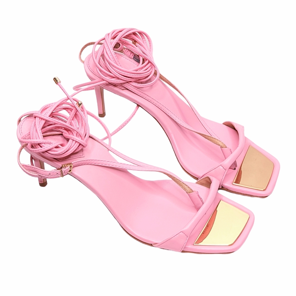 Schutz Vikki Lo Heel Ankle Wrap Mirror Toe Strappy Sandals 8 Rose Nappa Leather